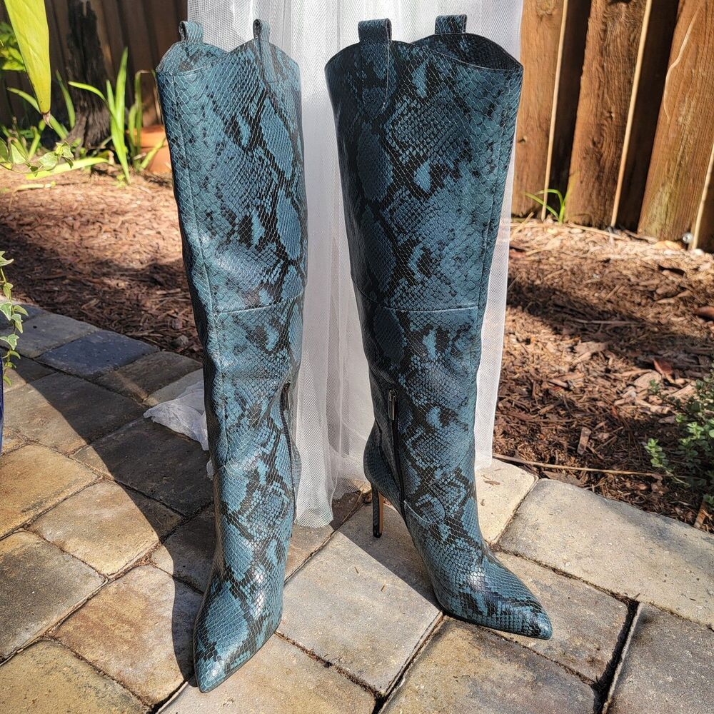 Vince Camuto Kervana Blue Leather Snake Print Boots Knee High Stiletto 8.5M/39